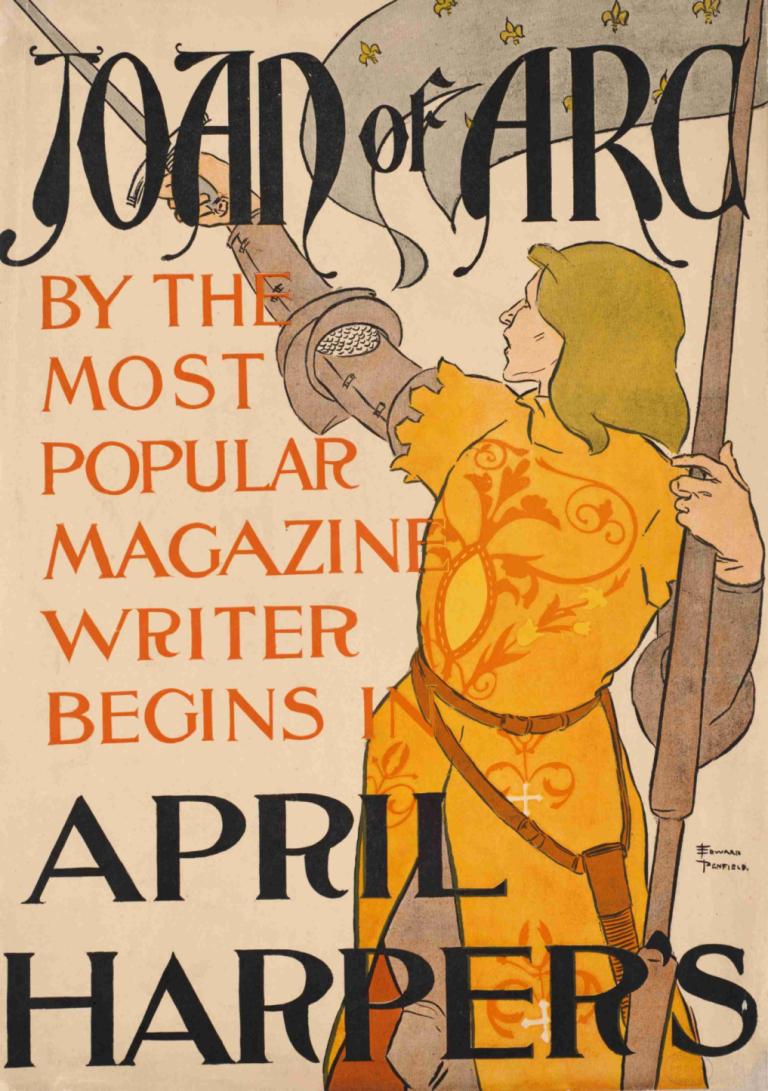 Joan of Arc, April Harper's,圣女贞德》，四月号《哈珀杂志,Edward Penfield,爱德华-彭菲尔德,插画,插画, 武器, 保持, 1男孩, 独奏, 持有武器, 盔甲, 戏仿