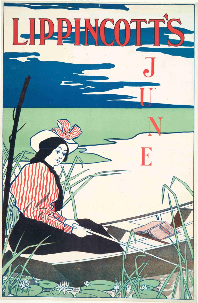 Lippincott's, June,Lippincott's, červen,Edward Penfield,Ilustrace,Ilustrace, sólo, černé vlasy, čepice, květ