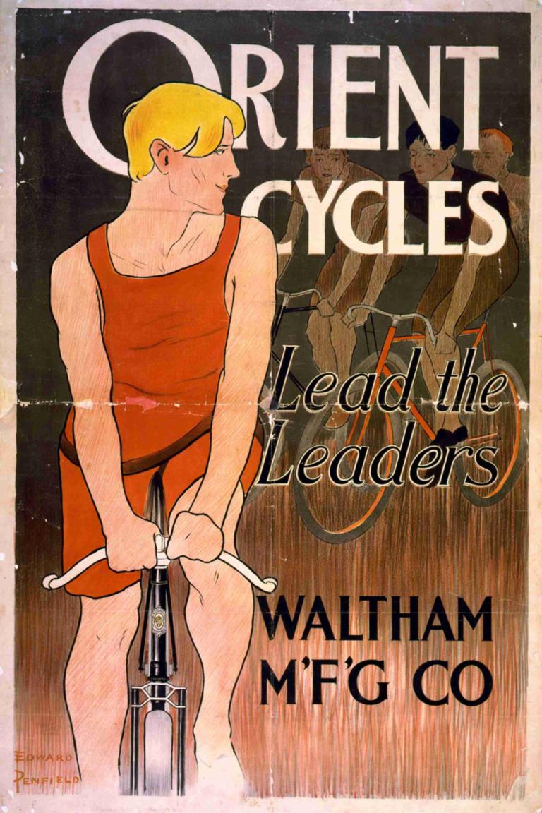 Orient cycles lead the leaders,東方週期引領領頭羊,Edward Penfield,愛德華·彭菲爾德,插畫,插畫, 金髮, 1男孩, 男性焦點, 短髮, 自行車, 短褲, 戲仿, 保持