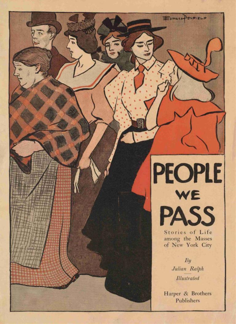 People we pass,Edward Penfield,Illustration,Illustration, hat, multiple girls, multiple boys, english text