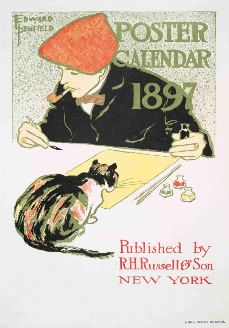 Posters Calendar 1897,Edward Penfield,Illustration,Illustration, 1boy, male focus, food, hat, fork