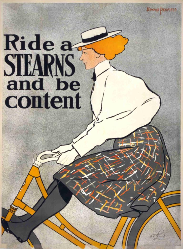 Ride a Stearns & be content,騎著Stearns &滿足,Edward Penfield,愛德華·彭菲爾德,插畫,插畫, 獨奏, 1男孩, 自行車, 帽子, 男性焦點, 戲仿, 手套, 裙子