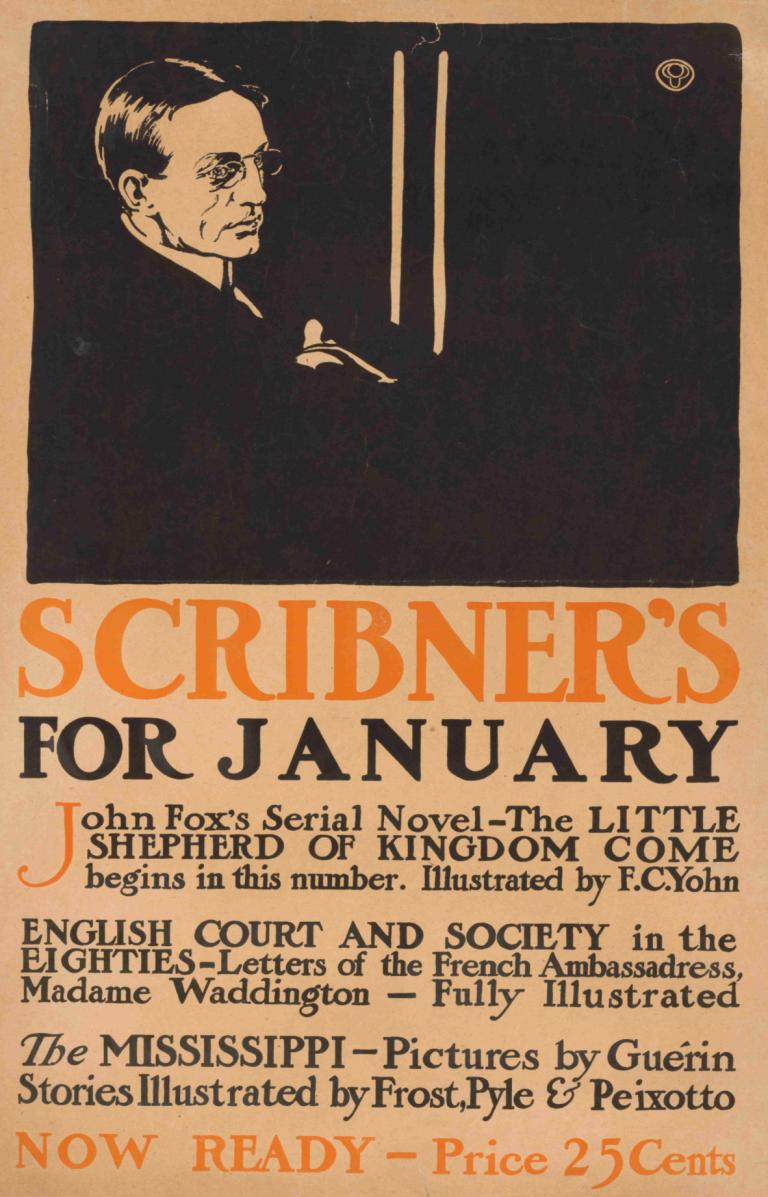 Scribner's for January,斯克里布納一月,Edward Penfield,愛德華·彭菲爾德,插畫,插畫, 1男孩, 文字焦點, 男性焦點, 英文文本, 戲仿, 獨奏, 鬍子, 海報（中）, 單色