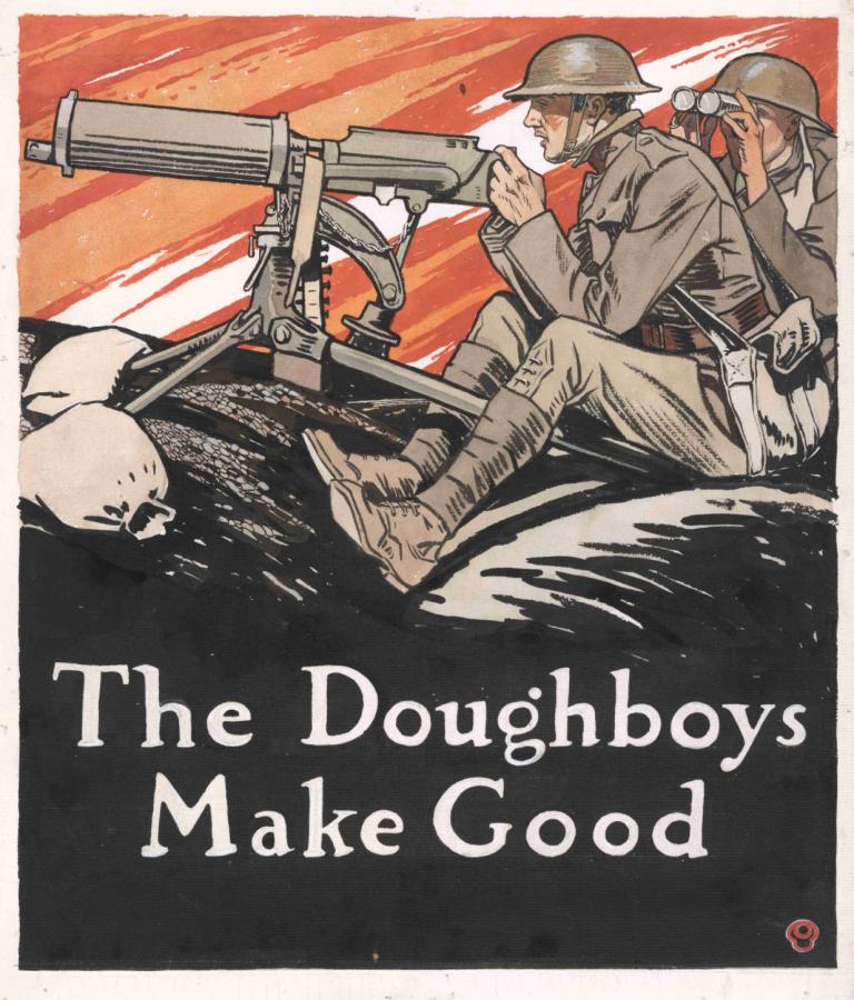 The doughboys make good,Pączki są dobre,Edward Penfield,Ilustracja,Ilustracja, broń, pistolet, wielu chłopców