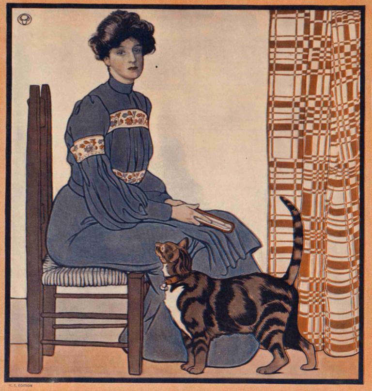 Woman sitting on a chair holding a book with a cat looking on.