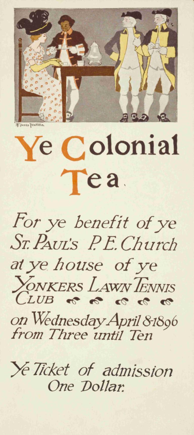 Ye colonial tea,Koloniale thee,Edward Penfield,Illustratie,Illustratie, meerdere jongens, hoed, Mohammed Avdol