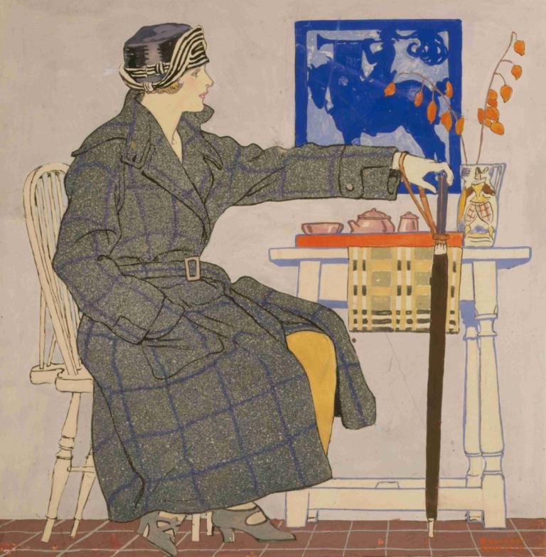 Young woman sitting beside table holding umbrella,Jonge vrouw naast tafel met paraplu,Edward Penfield