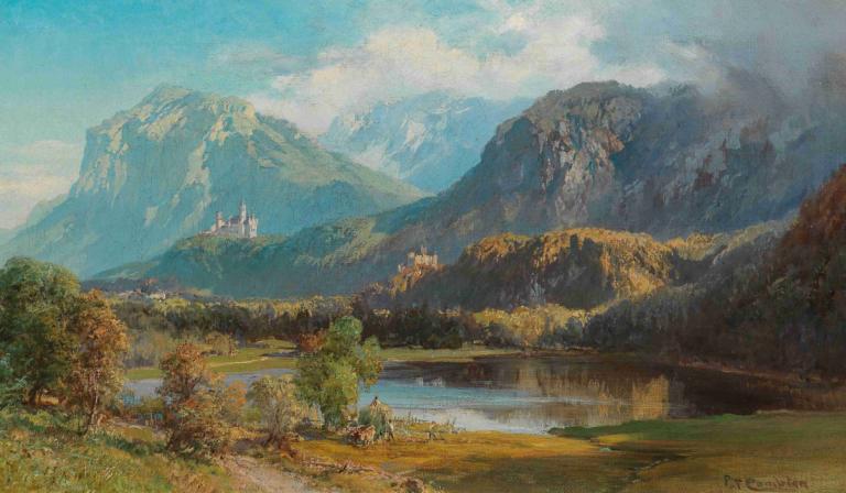 A View of Neuschwanstein,Utsikt over Neuschwanstein,Edward Theodore Compton,Oljemaleri,Oljemaleri, natur