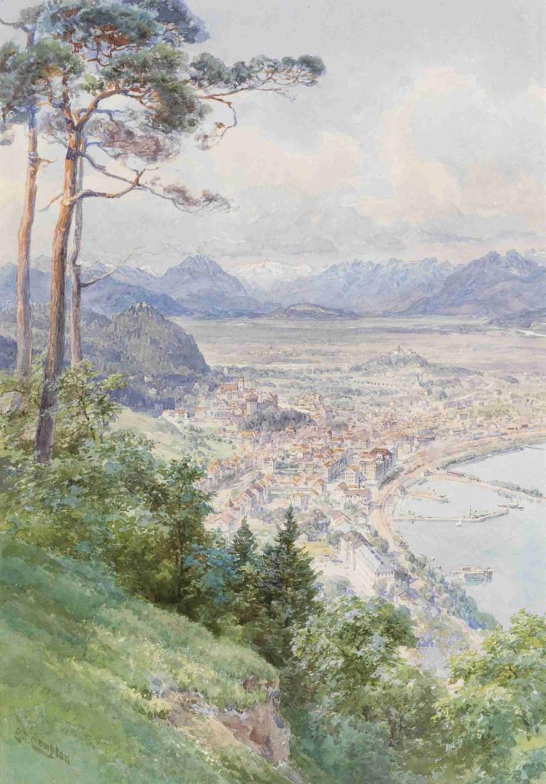 A view of Bregenz and Lake Bodensee,Khung cảnh của Bregentz và hồ Bodense.,Edward Theodore Compton