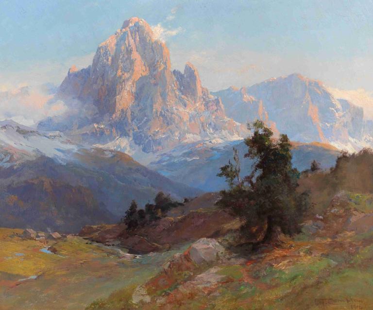 A view of Mount Sassolungo,Edward Theodore Compton,Oil Painting,Oil Painting, scenery, outdoors, no humans