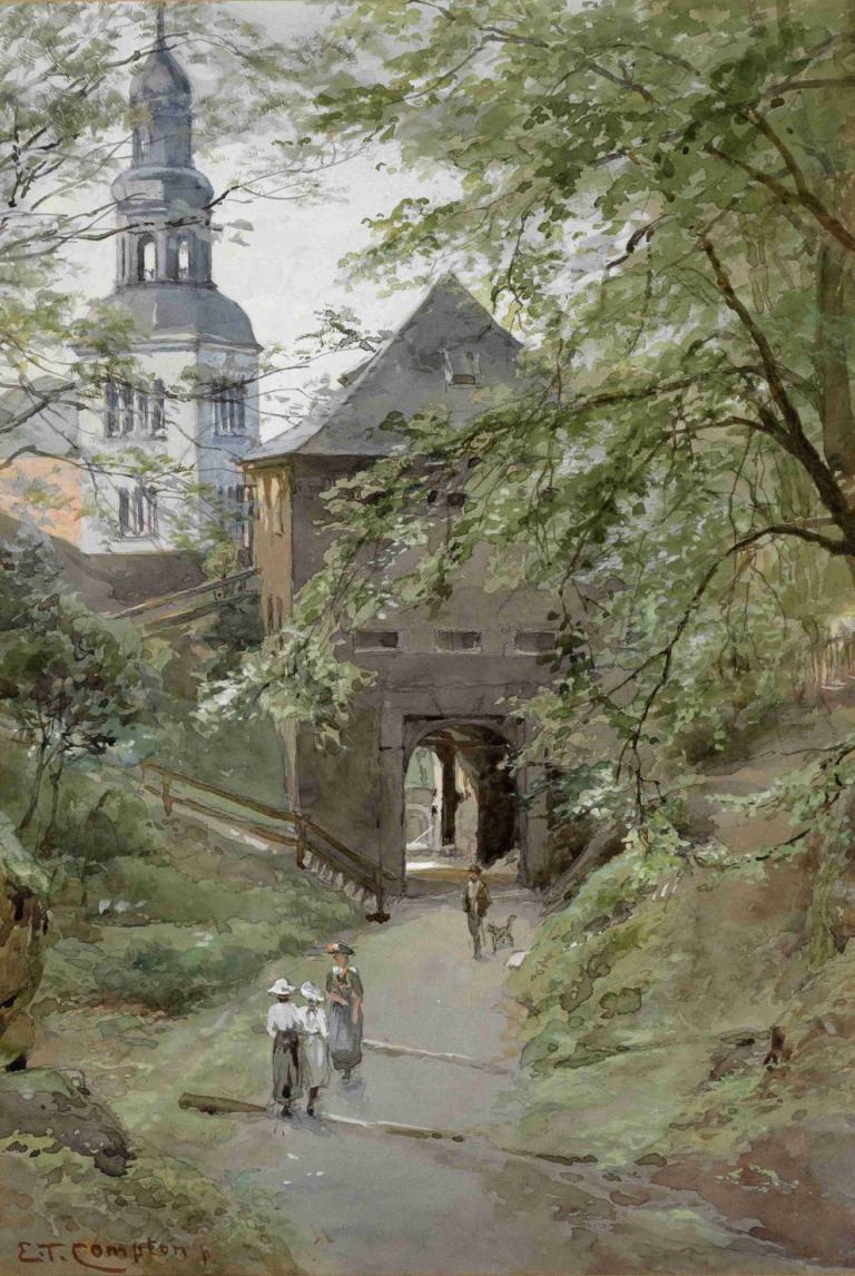 Augustiner Bräu und Kloster Mülln,Edward Theodore Compton,Oil Painting,Oil Painting, tree, outdoors, scenery