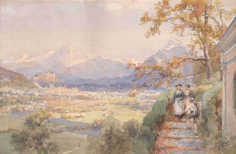 Blick über die Stadt Salzburg,Udsigt over byen Salzburg,Edward Theodore Compton,Oliemaleri,Oliemaleri, træ