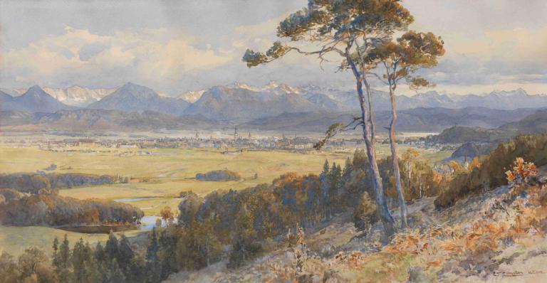 Blick auf Klagenfurt vor den Bergzügen der Karawanken,卡拉根福和卡拉萬肯,Edward Theodore Compton,愛德華·西奧多·康普頓,油畫,油畫, 風景