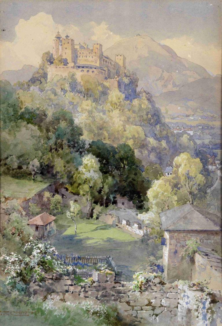 Blick auf die Festung Hohensalzburg,ホーエンザルツブルク要塞の眺め,Edward Theodore Compton,エドワード・セオドア・コンプトン,油絵,油絵, 人間がいない