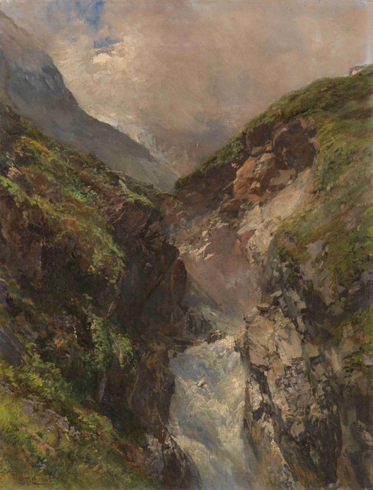 Gebirgsschlucht mit tosendem Wasserfall,Defileu de munte cu cascadă tunătoare,Edward Theodore Compton