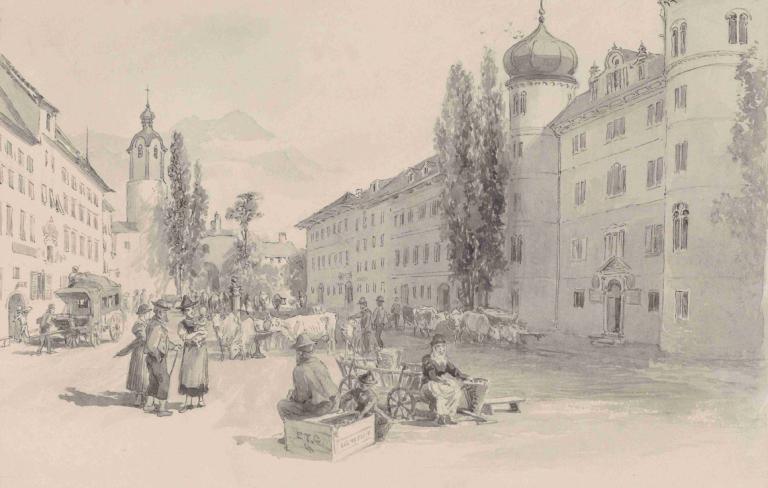 Hauptplatz in Lienz,Piața principală din Lienz,Edward Theodore Compton,Schiță,Schiță, monocrom