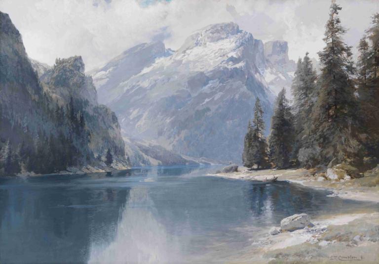 Pragser Wildsee,Edward Theodore Compton,Oil Painting,Oil Painting, scenery, outdoors, tree, no humans