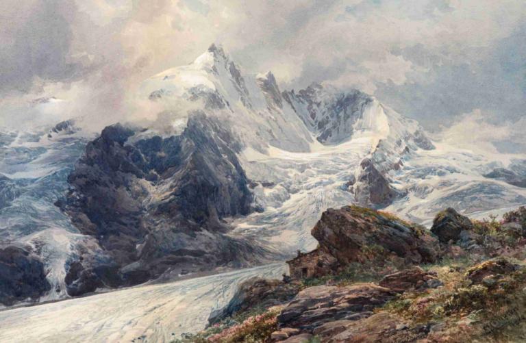 The Grossglockner,Edward Theodore Compton,Oil Painting,Oil Painting, scenery, outdoors, mountain, cloud, sky