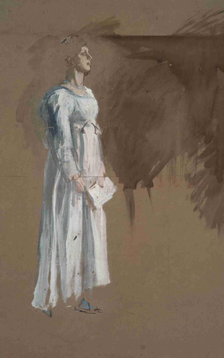 A figure in classical dress,Edwin Austin Abbey,Pastel,Pastel, solo, standing, dress, wings, holding