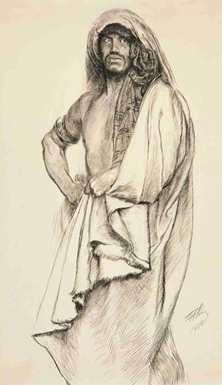 Aaron, from Titus Andronicus,Edwin Austin Abbey,Sketch,Sketch, solo, 1boy, male focus, monochrome, beard