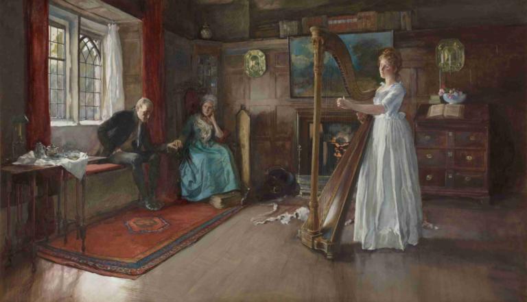 An Old Song,Edwin Austin Abbey,Pastel,Pastel, dress, window, indoors, blonde hair, 1boy, white dress, table