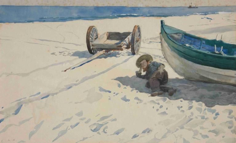 Beach scene with Man Resting in Shadow of Boat,Strandscen med man som vilar i skuggan av en båt