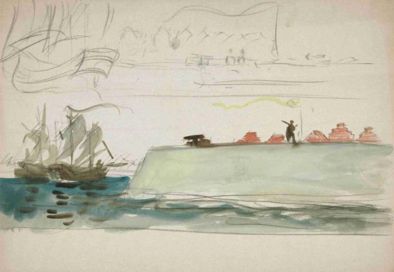 Boats at sea; battleship foreground, sailboat in distance,Edwin Austin Abbey,Watercolor,Watercolor