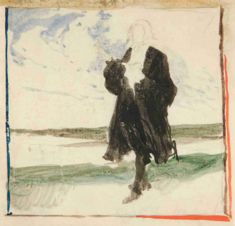 Cloaked man in landscape,風景の中のマント男,Edwin Austin Abbey,エドウィン・オースティン・アビー,パステル画,パステル画, ソロ, 従来のメディア, 銃, 1女の子