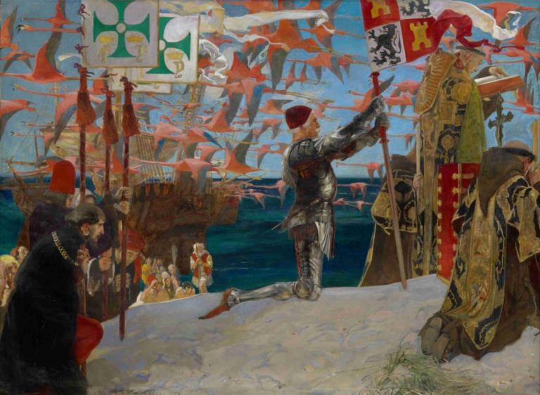 Columbus in the New World,Columbus di Dunia Baru,Edwin Austin Abbey,Pastel,Pastel, perahu, bendera