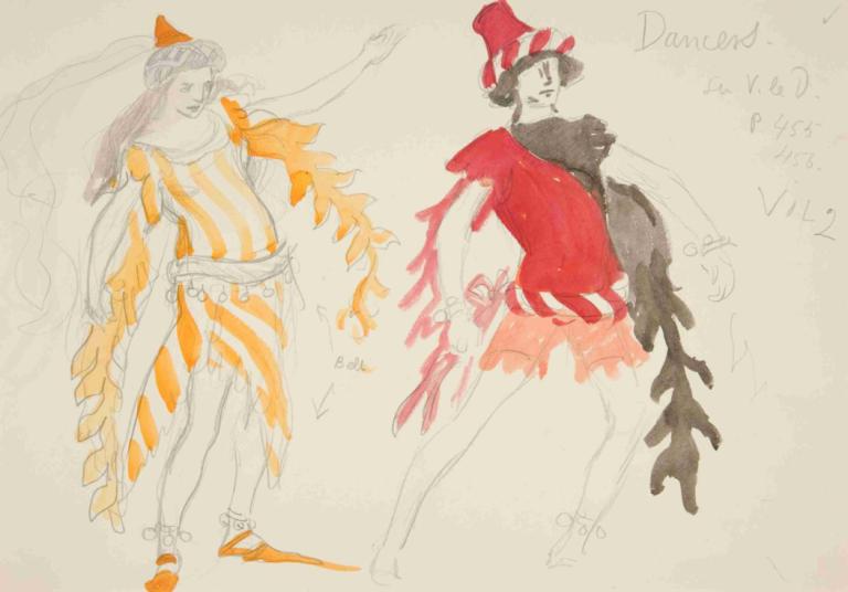 Dancers, costume sketch for Henry Irving’s Planned Production of King Richard II,舞者，亨利-欧文计划制作的《理查二世国王》的服装草图