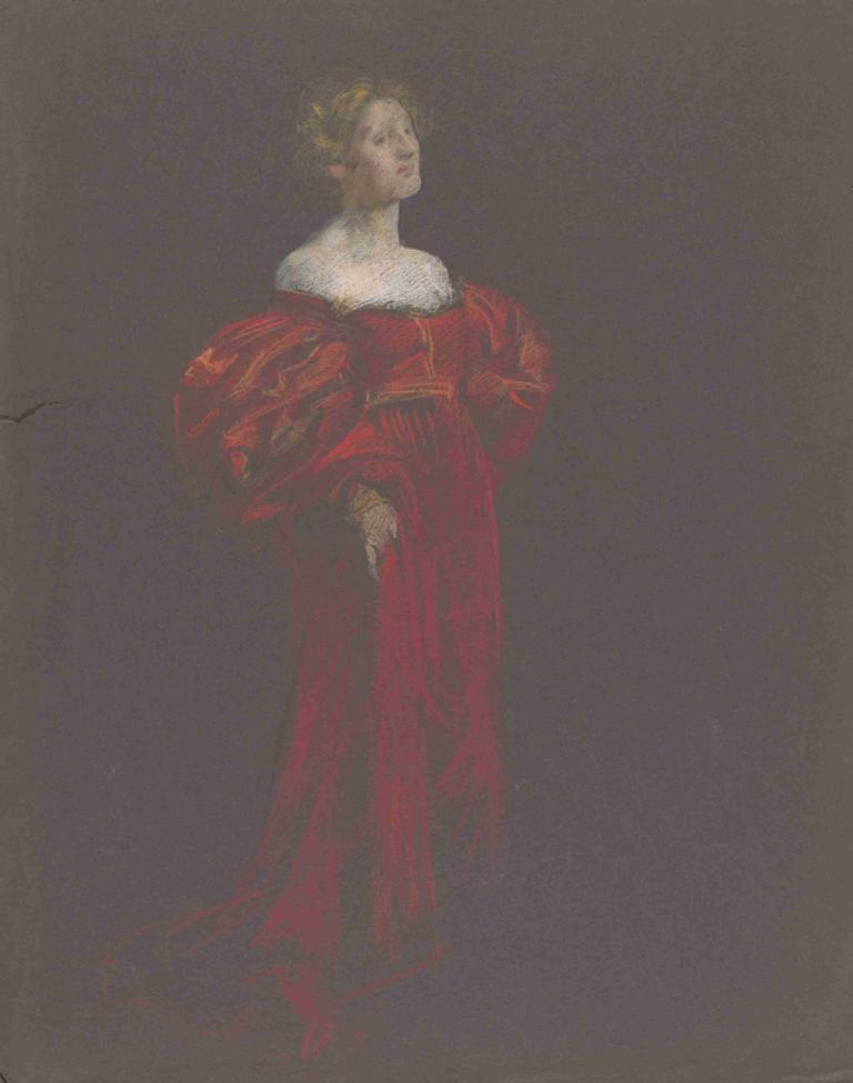 Female figure in blue and pink,Edwin Austin Abbey,Pastel,Pastel, 1girl, solo, blonde hair, dress, red dress