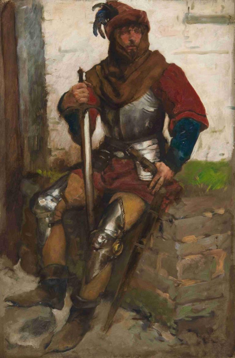 Figure Study of a Knight,Edwin Austin Abbey,Pastel,Pastel, solo, weapon, 1boy, sword, male focus, sitting