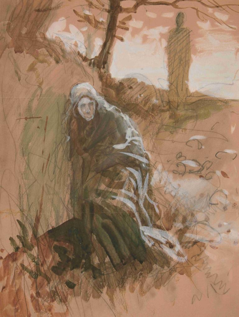 Figure in woods,Edwin Austin Abbey,Pastel,Pastel, solo, tree, 1girl, long hair, robe, male focus, outdoors