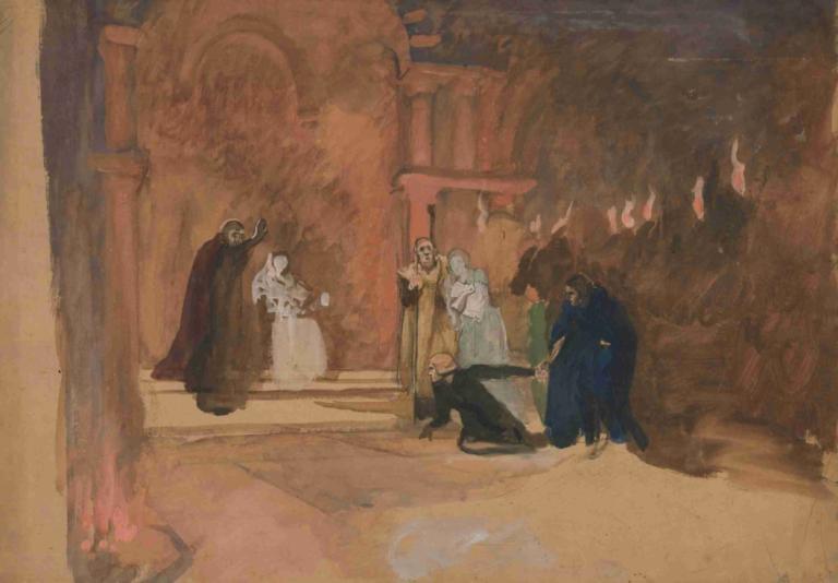 Figure scene. Hamlet,图为场景。哈姆雷特,Edwin Austin Abbey,埃德温-奥斯汀-阿比,粉彩画,粉彩画, 多个男孩, 披风, 美术模仿, 长袍, 常设, 兜帽, 岬, 绘画般的