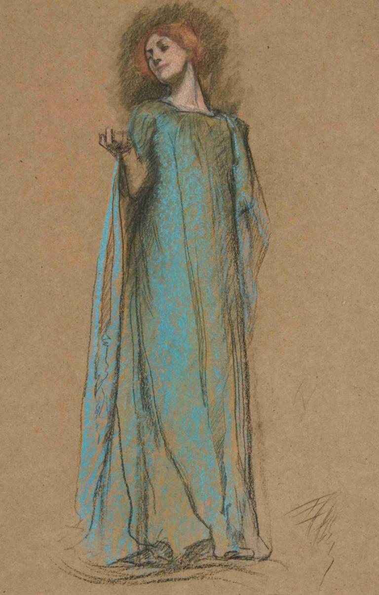 Figure study for 'Measure for Measure',Edwin Austin Abbey,Pastel,Pastel, solo, 1girl, dress, standing