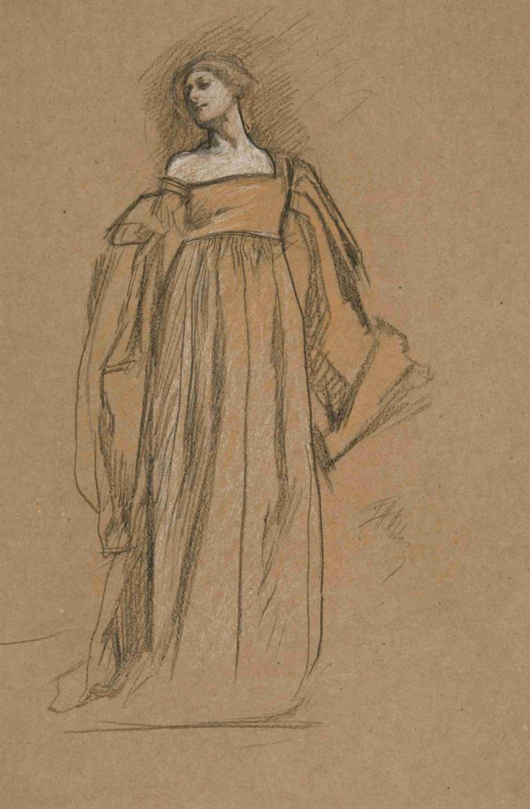 Figure study for 'Measure for Measure' III,Edwin Austin Abbey,Pastel,Pastel, solo, 1girl, sketch, dress