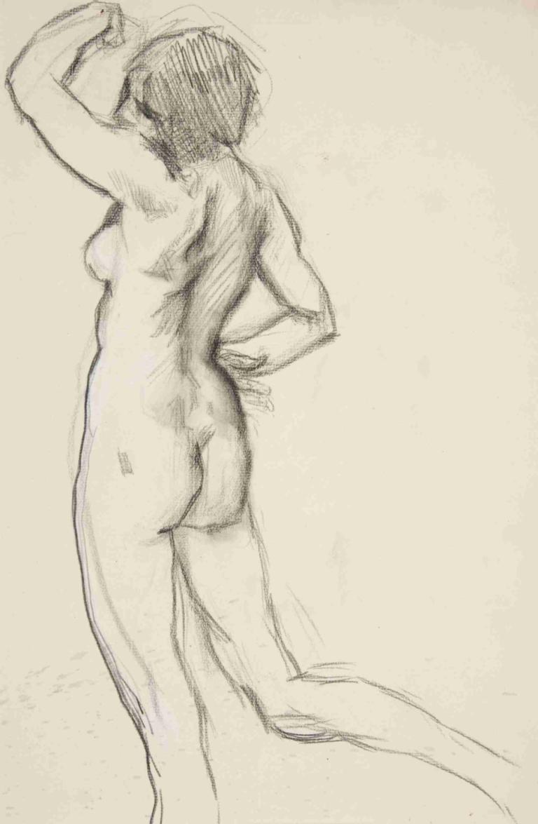 Figure study for 'The Hours',Edwin Austin Abbey,Sketch,Sketch, 1girl, solo, sketch, nude, ass, monochrome