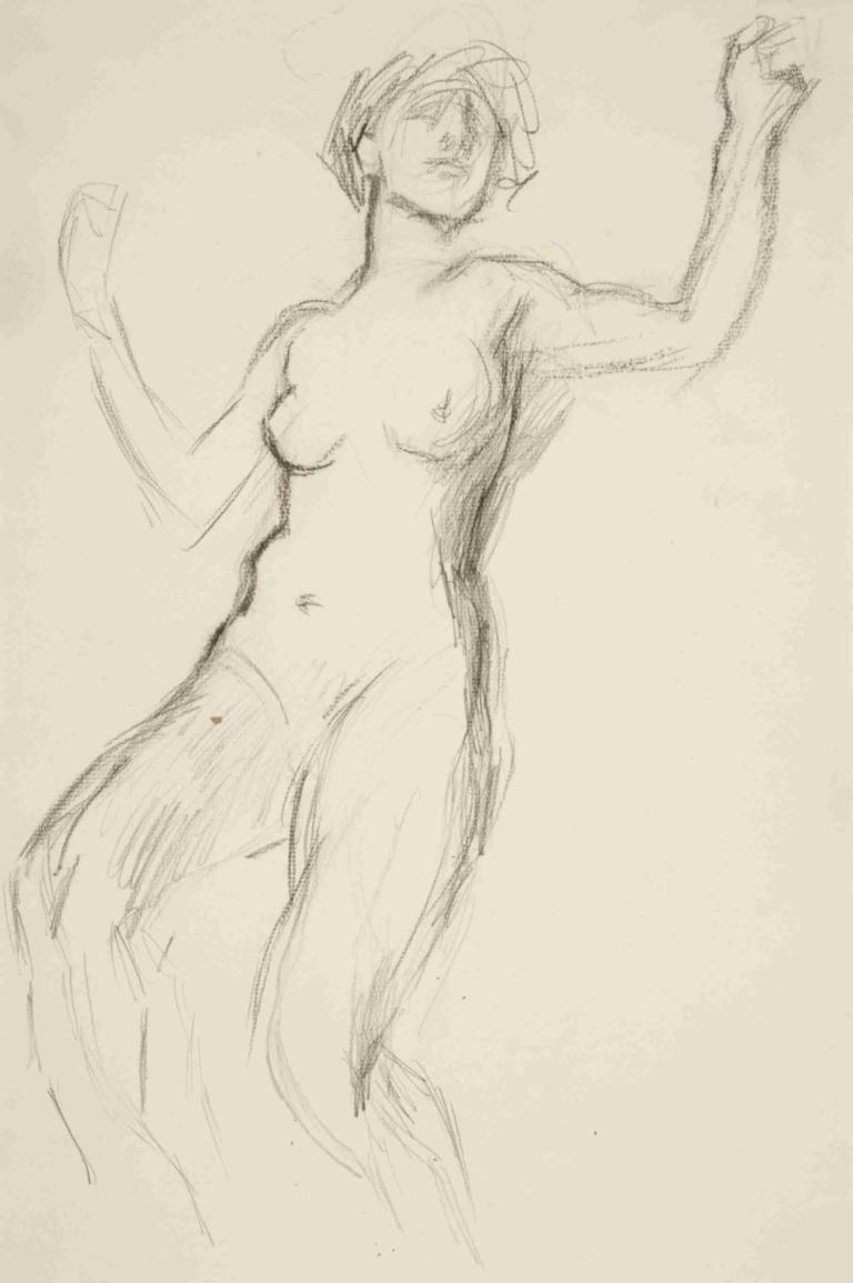 Figure study for 'The Hours' III,Edwin Austin Abbey,Sketch,Sketch, 1girl, solo, breasts, sketch, nipples