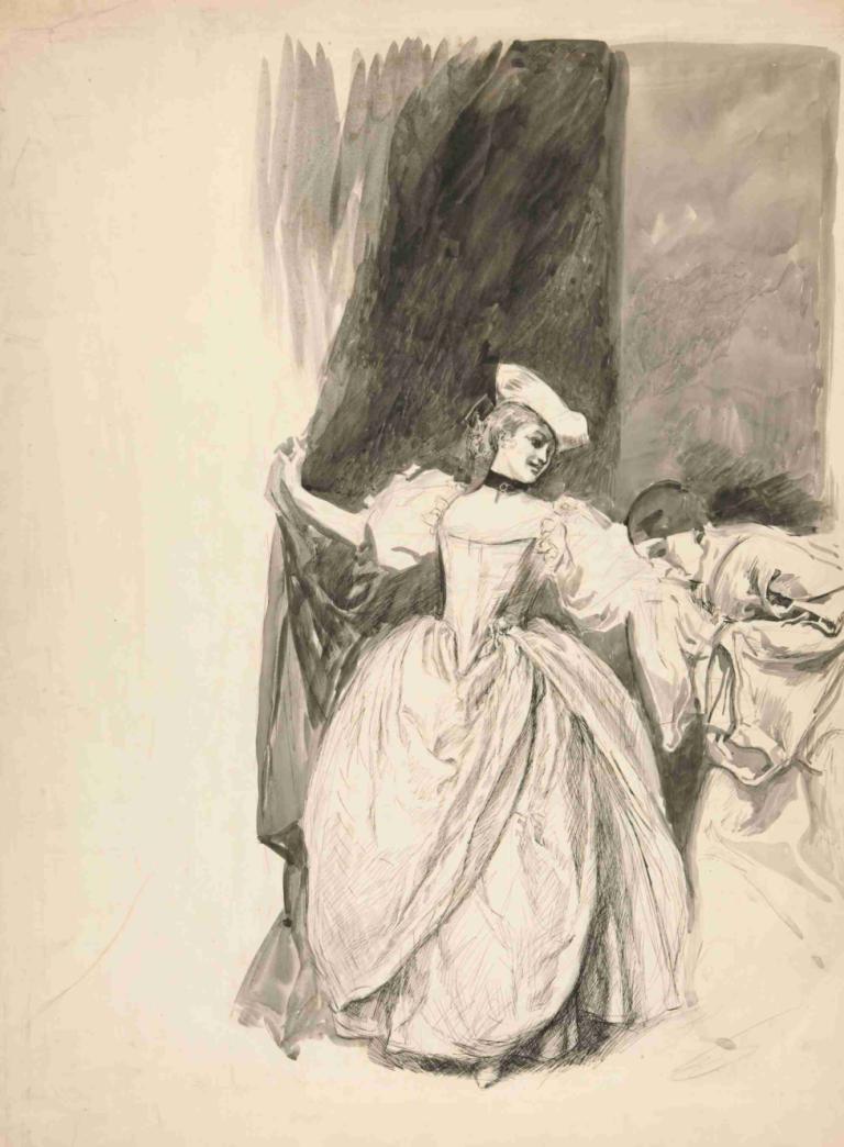 Figure study,Edwin Austin Abbey,Sketch,Sketch, dress, 1girl, hat, monochrome, 1boy, gown, dancing