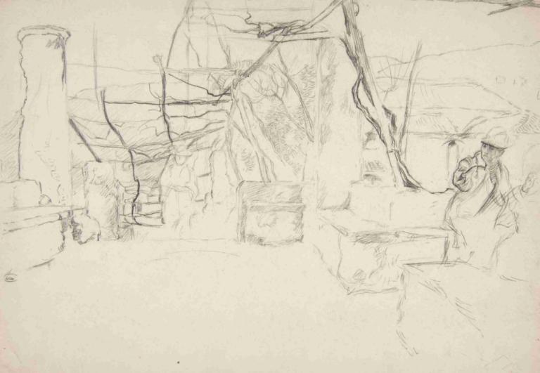 Figures walking among old ruins,Edwin Austin Abbey,Sketch,Sketch, monochrome, tree, traditional media, sketch