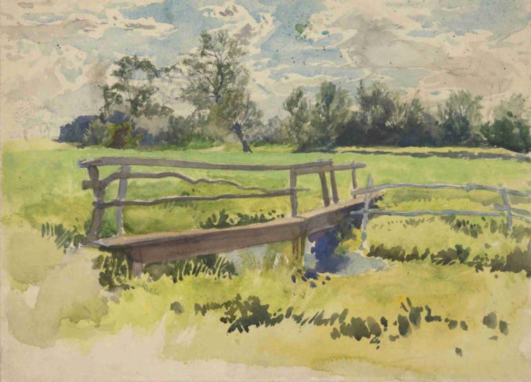 Landscape, marsh and bridge,Krajina, močál a most,Edwin Austin Abbey,Akvarel,Akvarel, venku, žádní lidé