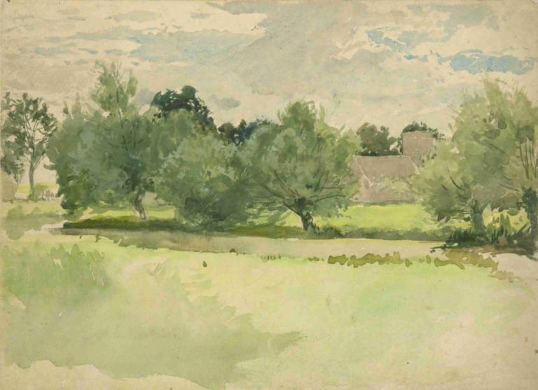 Landscape; Meadow. Church in background,Krajina; Louka. Kostel na pozadí,Edwin Austin Abbey,Akvarel,Akvarel