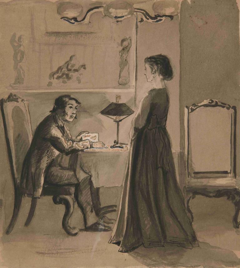 Man and woman in an interior,Muž a žena v interiéru,Edwin Austin Abbey,Pastelové,Pastelové, 1 dívka, 1 kluk