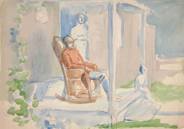 Man in rocking chair on front porch with his wife and child