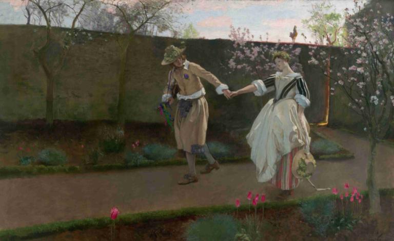 May Day Morning,May Day Morgen,Edwin Austin Abbey,Pastell,Pastell, Blume, draußen, Baum, mehrere Jungen