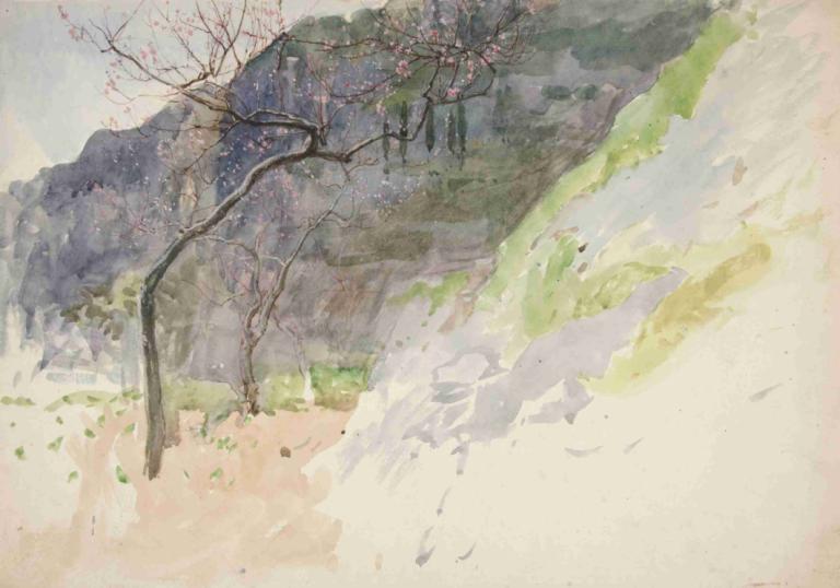 Mountainous landscape with budding trees,Gebirgslandschaft mit knospenden Bäumen,Edwin Austin Abbey,Pastell