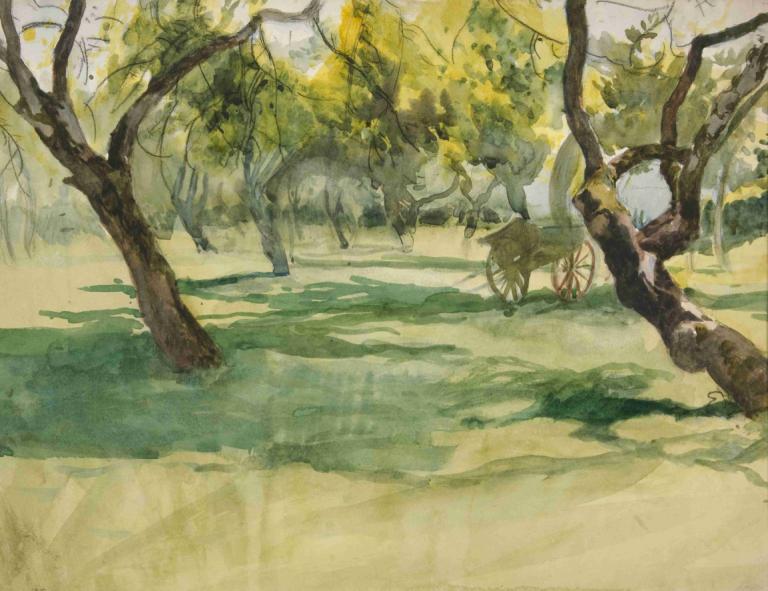 Orchard with Farm Cart,Obstgarten mit Bauernwagen,Edwin Austin Abbey,Aquarell,Aquarell, Baum, keine Menschen