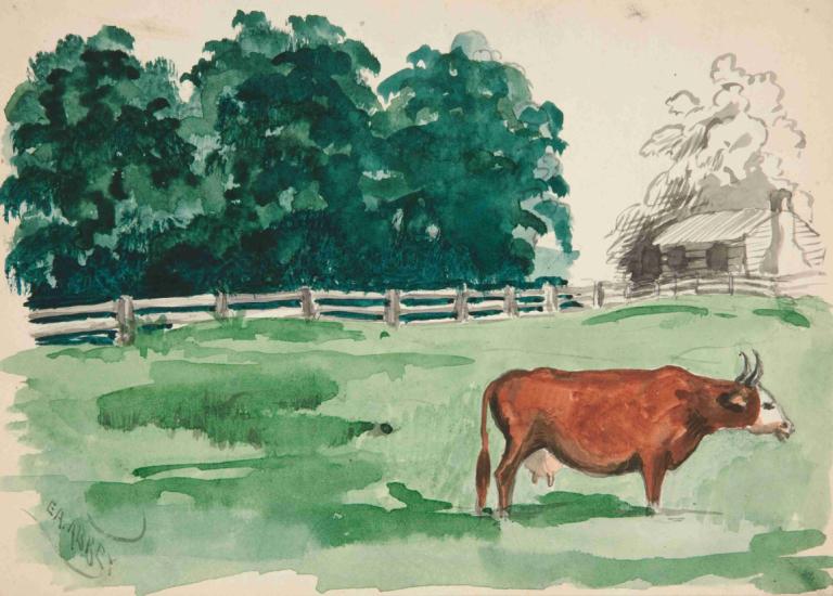 Pasture scene with cow in foreground,Weideszene mit Kuh im Vordergrund,Edwin Austin Abbey,Aquarell,Aquarell