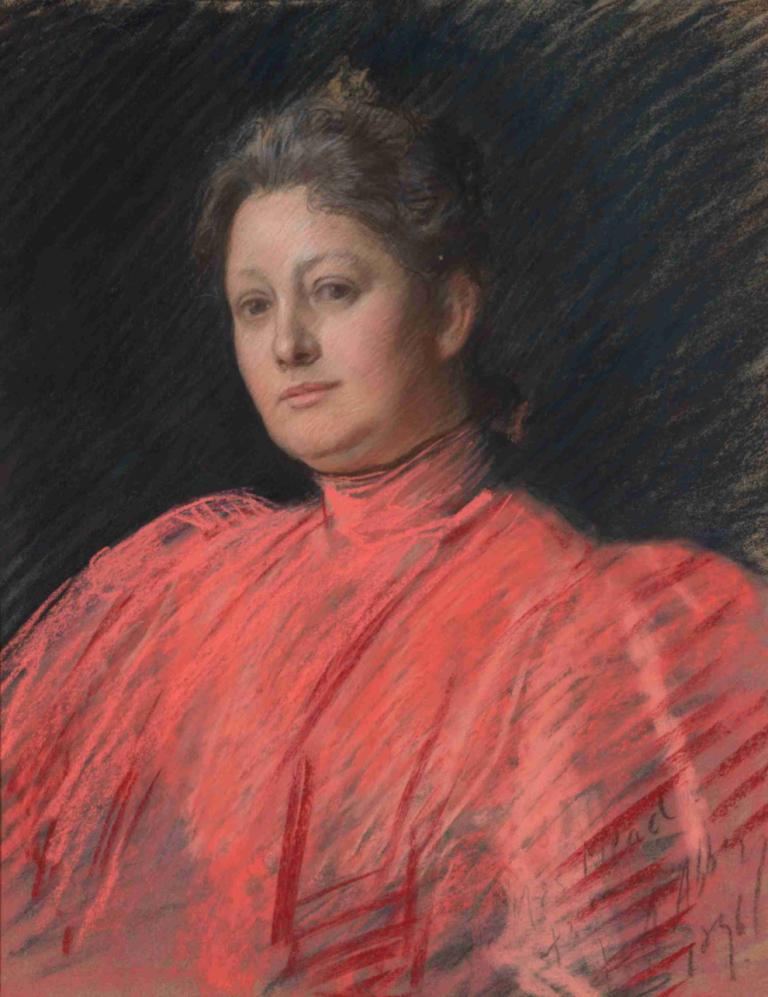 Portrait of Mrs. Abbey in pink dress, waist length,Portrét paní Abbey v růžových šatech, délka od pasu