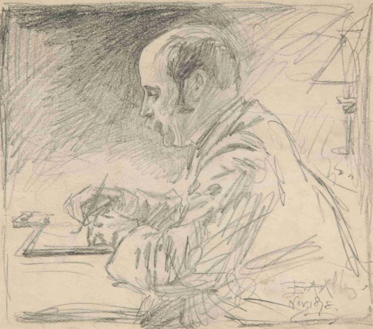 Portrait of a man, left profile, writing at desk,Portræt af en mand, venstre profil